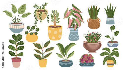 Set of home plants in flowerpots. Houseplants for home decoration. Urban jungle. Hand drawn vector illustration isolated on light background, flat cartoon style.