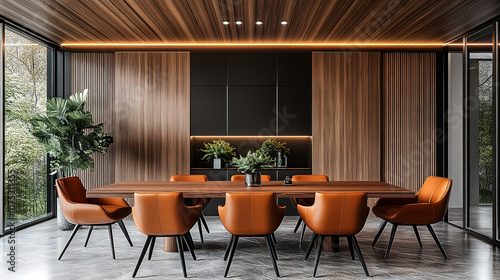 Brown Leather Chairs at Wooden Dining Table in Scandinavian Dining Room