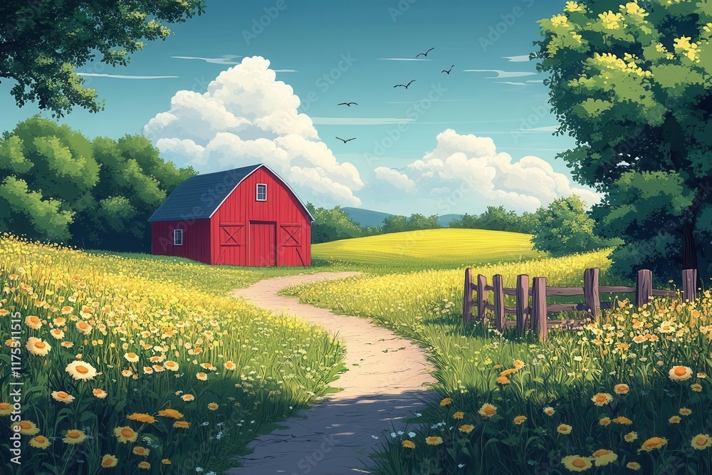 cartoonstyle farm backdrop featuring a vibrant barn and lush green fields encapsulating the charm of rural life and agricultural beauty inviting nostalgia and whimsy