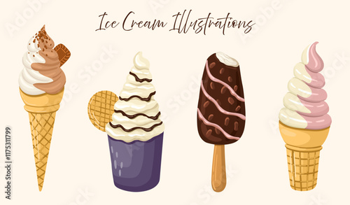 Delicious Ice Cream in a cone, bucket, and on a stick. Summer dessert. Vector.