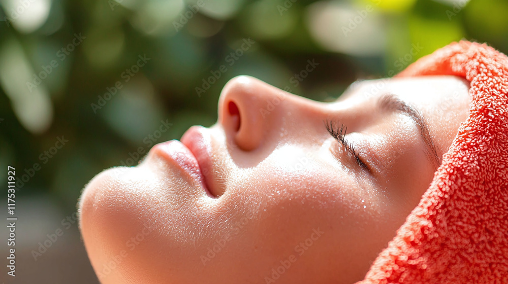serene woman with glowing face relaxes, wrapped in towel, enjoying moment of tranquility. soft sunlight enhances her peaceful expression serene woman with glowing face relaxes, wrapped in towel, enjoying moment of tranquility. soft sunlight enhances her peaceful expression