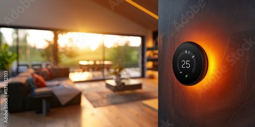 Smart thermostat glowing on a textured wall in a modern living space with large windows, warm lighting