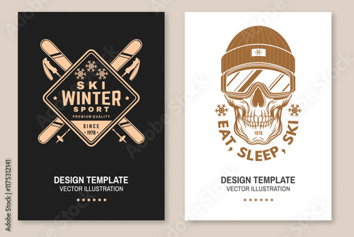 Set of ski winter sport flyer, poster, banner with ski, ski glasses, skull skeleton in winter sport hat. Family vacation, activity or travel. For logo design, patches. Vector