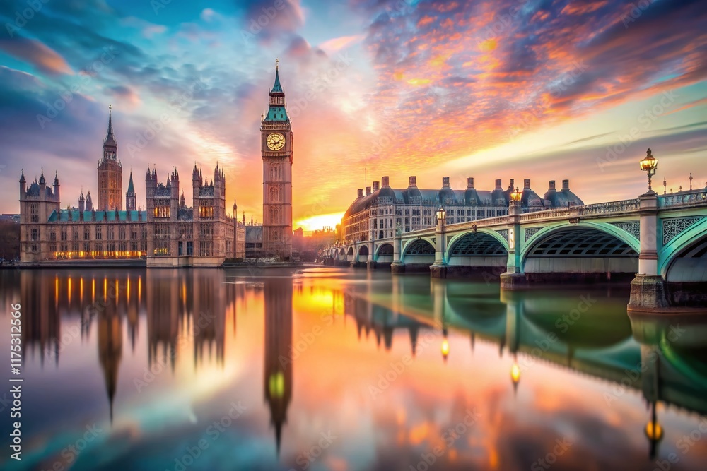 Naklejka premium Surreal Dawn: London's Iconic Elizabeth Tower, Westminster Bridge & Thames