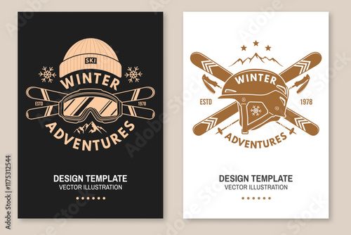 Set of ski winter sport flyer, poster, banner with ski, ski glasses, ski poles, helmet, mountain. Family vacation, activity or travel. For logo design, patches. Vector