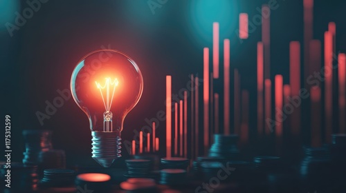 Coin and Light bulb shining over a graph, idea and business growth, 3D illustration