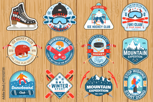 Set of Ice Hockey club, ski and Snowboard Club sport retro badge, patch with ski glasses, hockey player, sticker, puck, winter sport hat, ice skate, helmet, snowboarder and mountain. photo