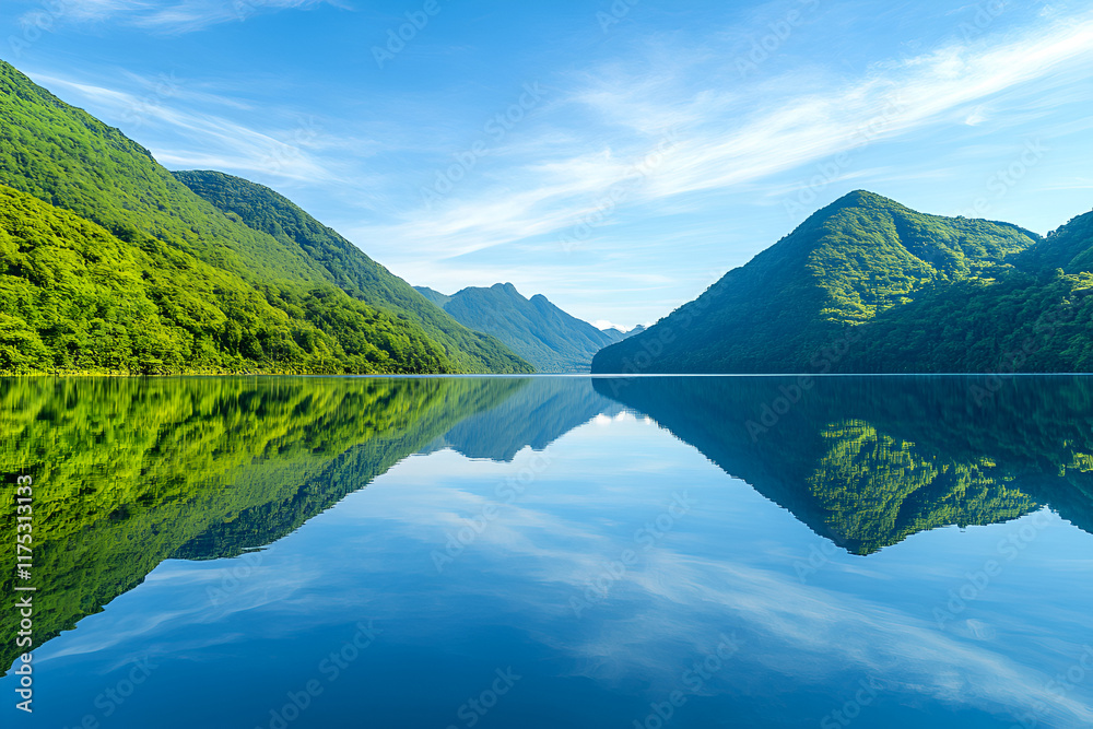 Fototapeta premium A serene lake surrounded by lush green mountains under a clear blue sky, with the lake reflecting the entire landscape perfectly, hint of distant clouds and faint mountain peaks
