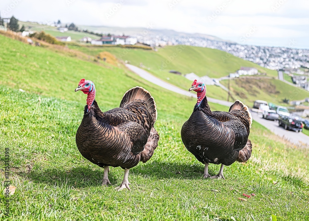 Fototapeta premium You're shooting outdoors, with a male and female Turkey, a couple of home birds on the farm