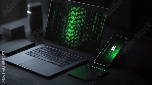 a laptop with a black keyboard is shown, on which lies a smartphone. The smartphone screen displays a green background with digital symbols and an image of a white lock symbolizing unlocking.