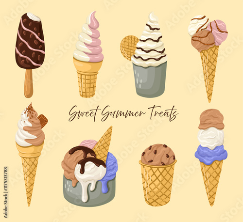 Delicious Ice Cream in a cone, bucket, and on a stick. Creamy Gelato in pastel colors. Summer dessert. Vector.