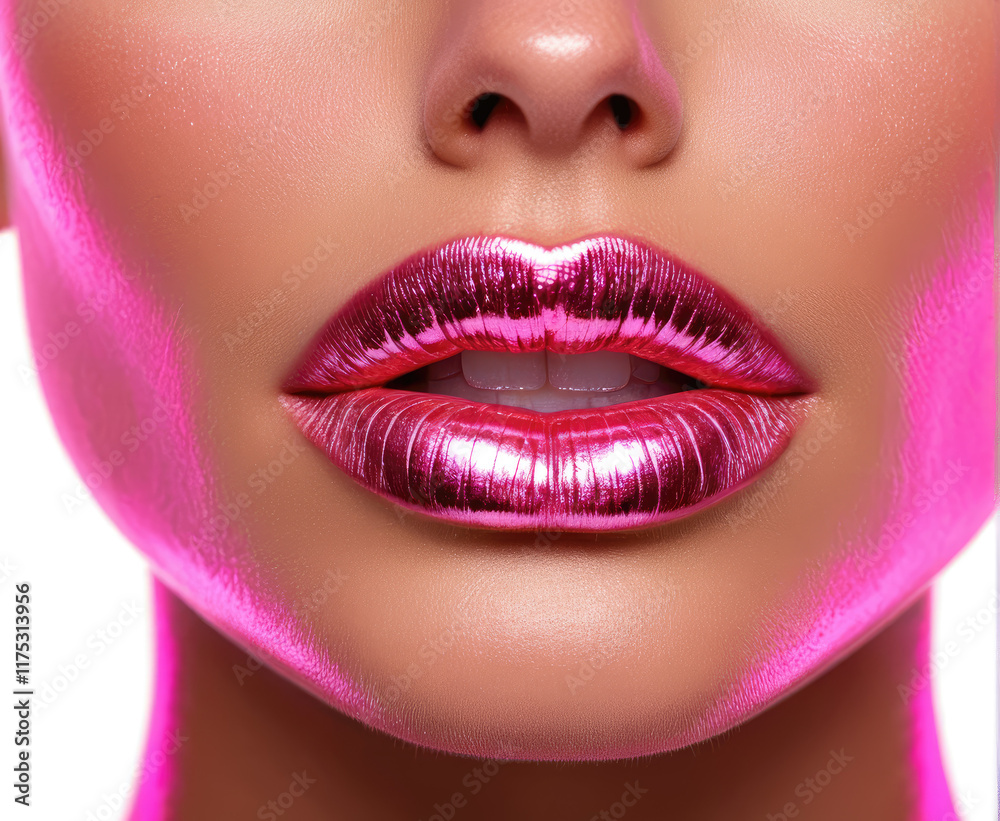 Obraz premium Close Up of Vibrant Lipstick With Glossy Metallic Finish on Lips 2