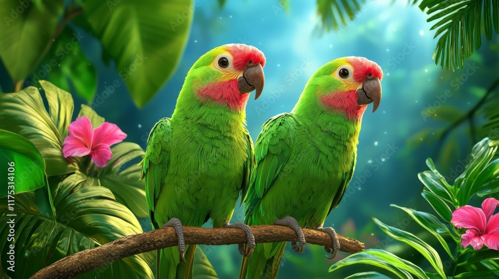Obraz premium Two Vibrant Green Parrots Perched on Branch Surrounded by Lush Tropical Foliage and Colorful Flowers