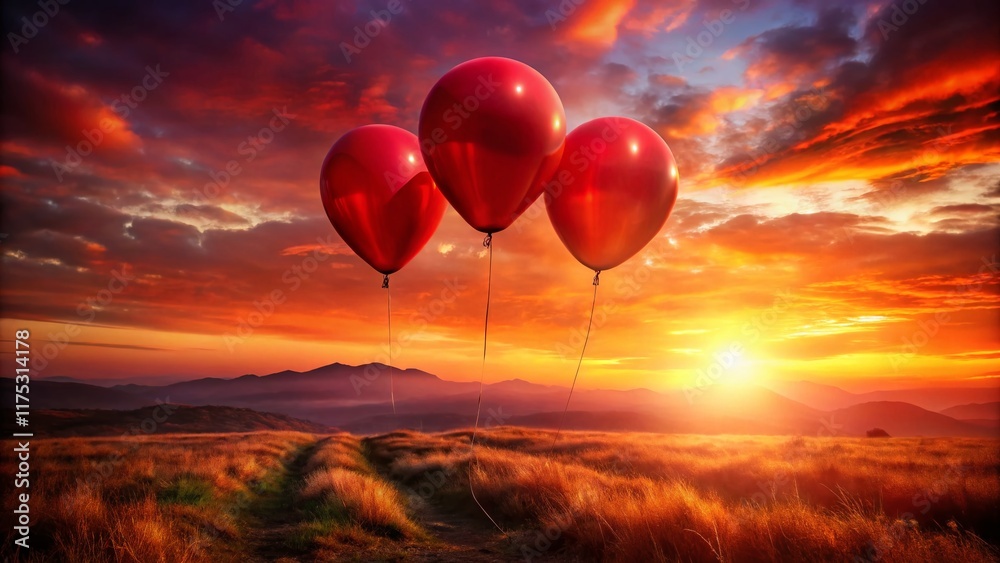 Fototapeta premium Surreal Double Exposure: Three Red Balloons Floating Against a Crimson Sky