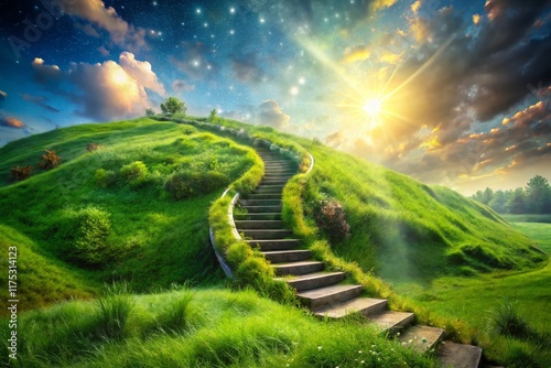 Surreal Double Exposure: Staircase Ascending a Grassy Hill photo