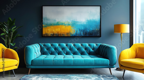 Interior design of modern apartment with turquoise sofa and yellow armchairs