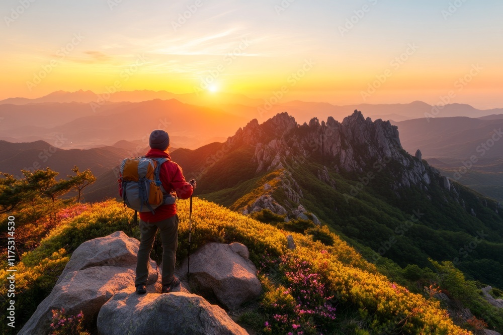 Fototapeta premium A hiker standing on a rocky peak of Seoraksan National Park, with breathtaking mountain views stretching into the distance