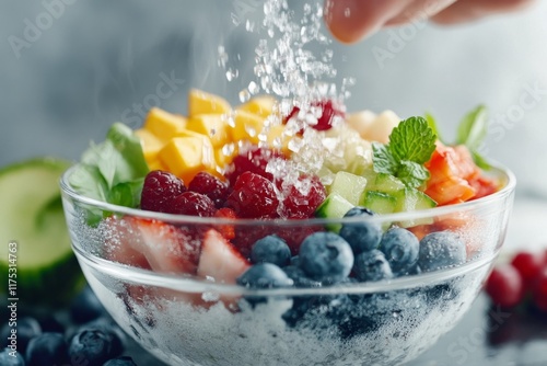 A hyper-realistic close-up of a bowl of Korean bibimbap, with each ingredient vividly detailed and glistening with freshness