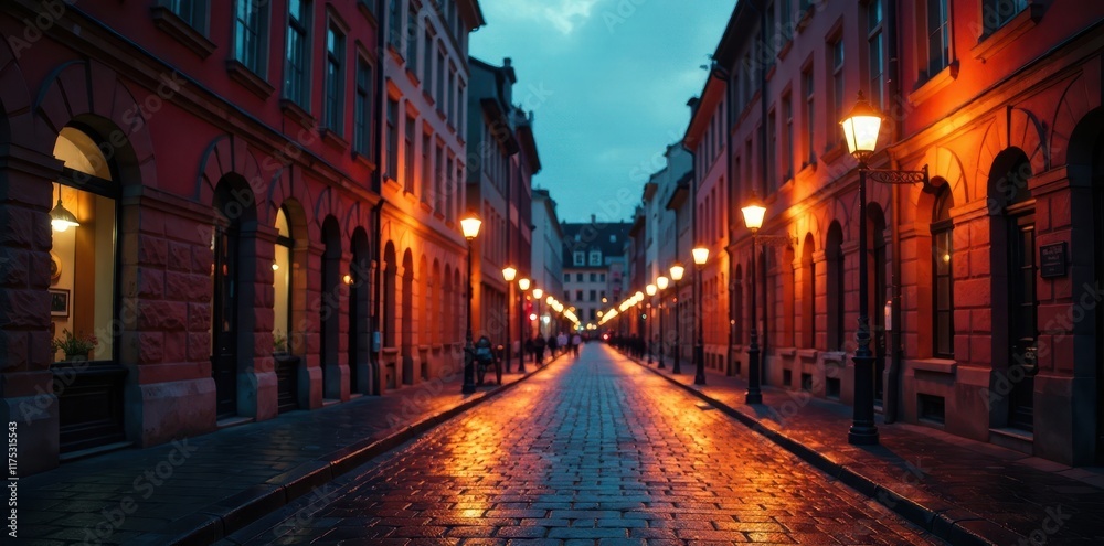 Fototapeta premium Vintage-style camera captures the intricate details of a European street at dusk with colorful streetlights, night time, vintage photography