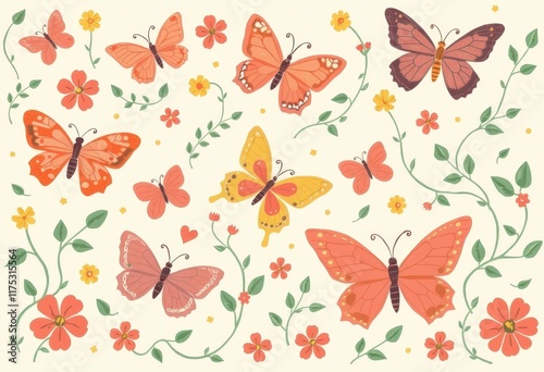 a pattern with butterflies and flowers