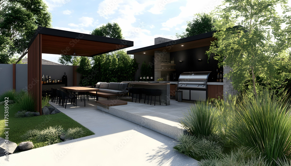An inviting outdoor entertainment space featuring a barbecue setup and bar area, perfect for gatherings AI Generated An inviting outdoor entertainment space featuring a barbecue setup and bar area, perfect for gatherings AI Generated