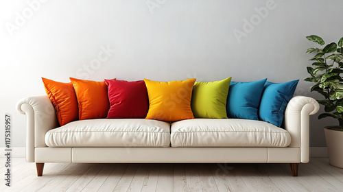 Minimalist modern living room design with sofa and colorful pillows