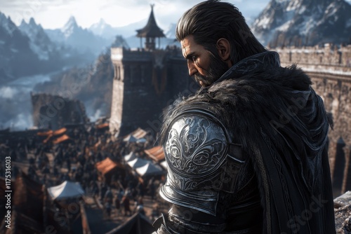 A knight standing guard at a city gate, with bustling townsfolk, market stalls, and a towering wall behind them