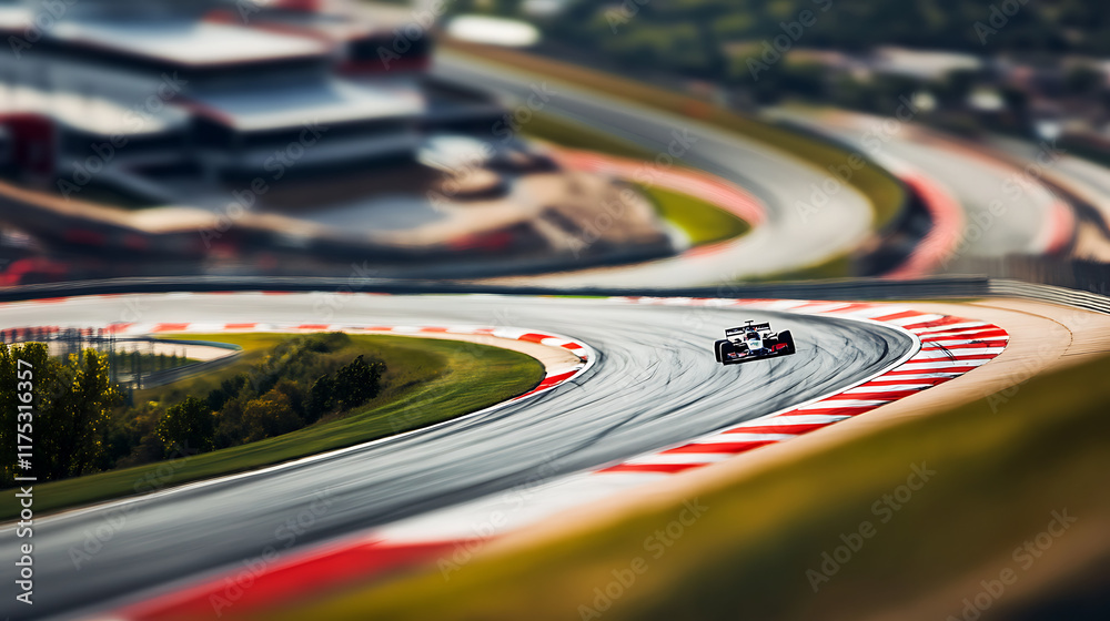 Obraz premium A Formula 1 race on a winding track, cars speeding by with motion blur and dramatic angles3