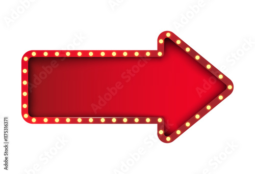 Blank red retro arrow signboard with retro yellow neon light bulb isolated on dark white wall background