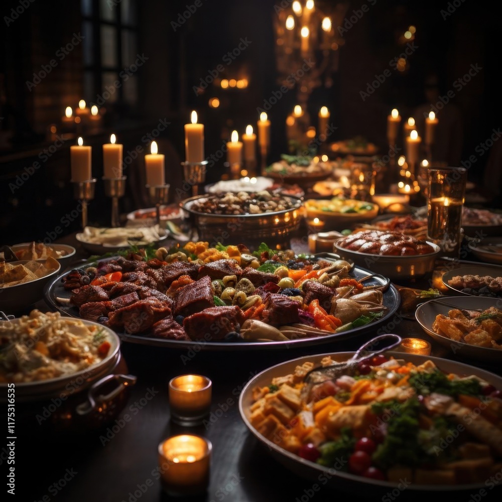 A Festive Table Spread with Candlelight and Delicious Food A Festive Table Spread with Candlelight and Delicious Food