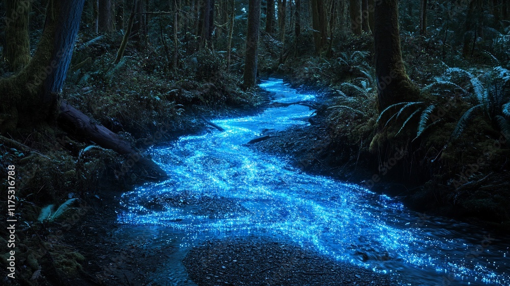 Fototapeta premium Enchanted Forest Stream: Bioluminescent River in the Night