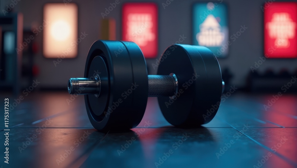 Surreal vibrant cinematic view of a pair of dumbbells in a modern gym setting at night Surreal vibrant cinematic view of a pair of dumbbells in a modern gym setting at night