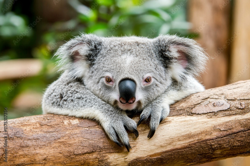 Naklejka premium A koala climbing down a tree trunk, its claws firmly gripping the bark as it makes its way to the ground
