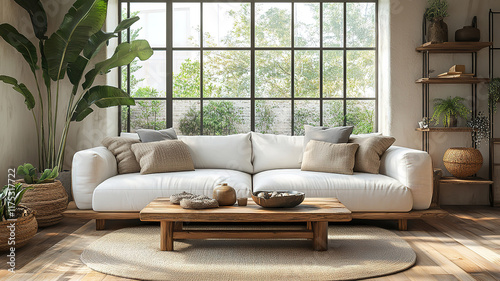 Japandi Style Living Room with Rustic Coffee Table and White Sofa