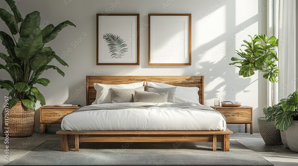 Fototapeta premium Scandinavian Bedroom Design with Natural Wood Accents