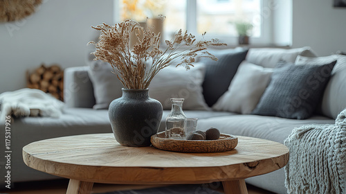 Rustic Round Wood Table Near Sofa with Grey Pillows in Scandinavian Modern Living Room