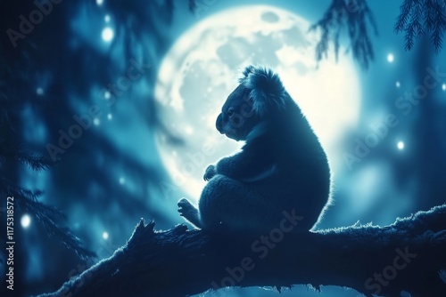 A koala silhouetted against the moonlit sky, sitting peacefully in the branches of a tall tree photo