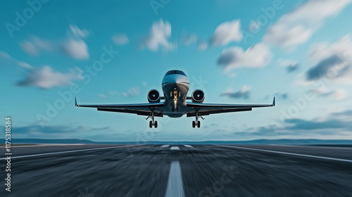 private plane takes off from airport runway against blue sky
