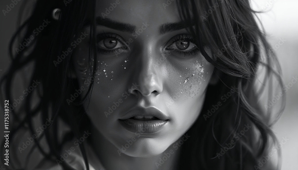 Monochromatic Portrait of a Young Woman with Glimmering Freckles: A Study in Light and Shadow, Black and White Photography Monochromatic Portrait of a Young Woman with Glimmering Freckles: A Study in Light and Shadow, Black and White Photography