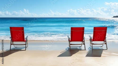 Three red beach chairs facing a tranquil turquoise ocean on a sandy shore