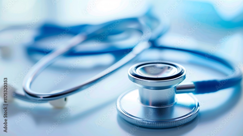 High angle view of a stethoscope lying on a medical examination table in a hospital or clinic setting representing healthcare medical diagnosis and treatment High angle view of a stethoscope lying on a medical examination table in a hospital or clinic setting representing healthcare medical diagnosis and treatment