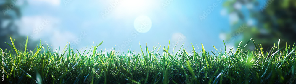 Fototapeta premium beautiful panoramic view of green field with sunlight and blue sky