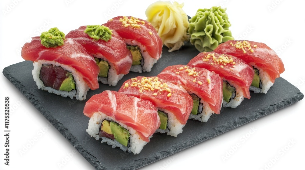 Artistic display of sushi rolls featuring bright red tuna and creamy avocado, placed on a minimalist slate serving board. Artistic display of sushi rolls featuring bright red tuna and creamy avocado, placed on a minimalist slate serving board.