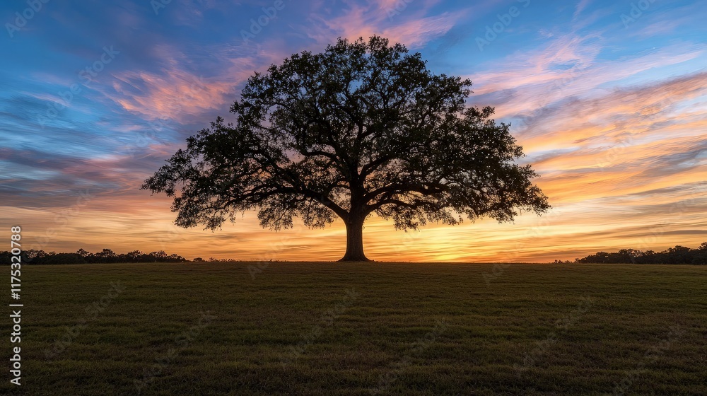 Lone oak tree sunset, field, colorful sky, nature serenity. Lone oak tree sunset, field, colorful sky, nature serenity.