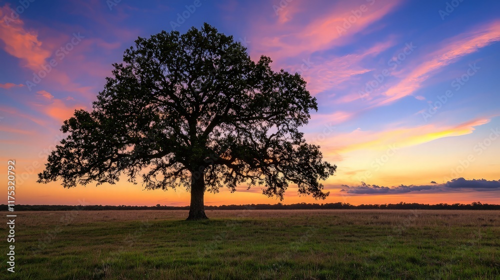 Obraz premium Lone oak tree sunset field landscape, nature serenity.