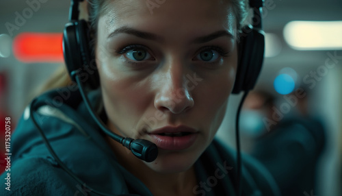 Close Up of Woman with Headset in Control Room