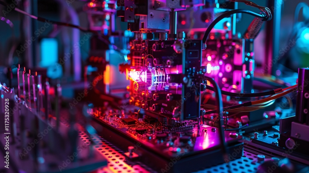 Fototapeta premium Intricate electronic circuit board filled with glowing lights microchips and other futuristic technology elements