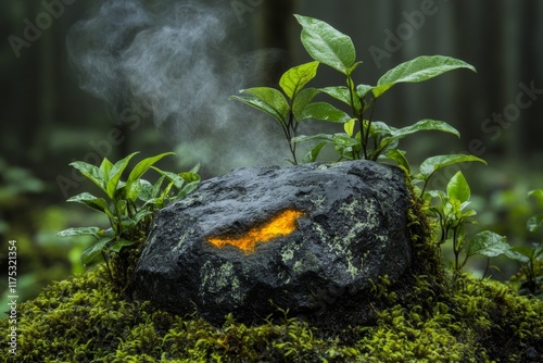 A meteorite crash site in a jungle, with smoke rising from the glowing rock and vines already creeping over it