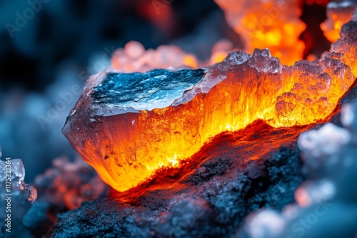 A meteorite fragment glowing faintly in a cave, surrounded by stalactites and shimmering mineral deposits