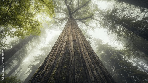 Majestic redwood, misty forest, low angle, nature. photo